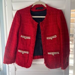 Zara Vibrant Red Tweed Blazer